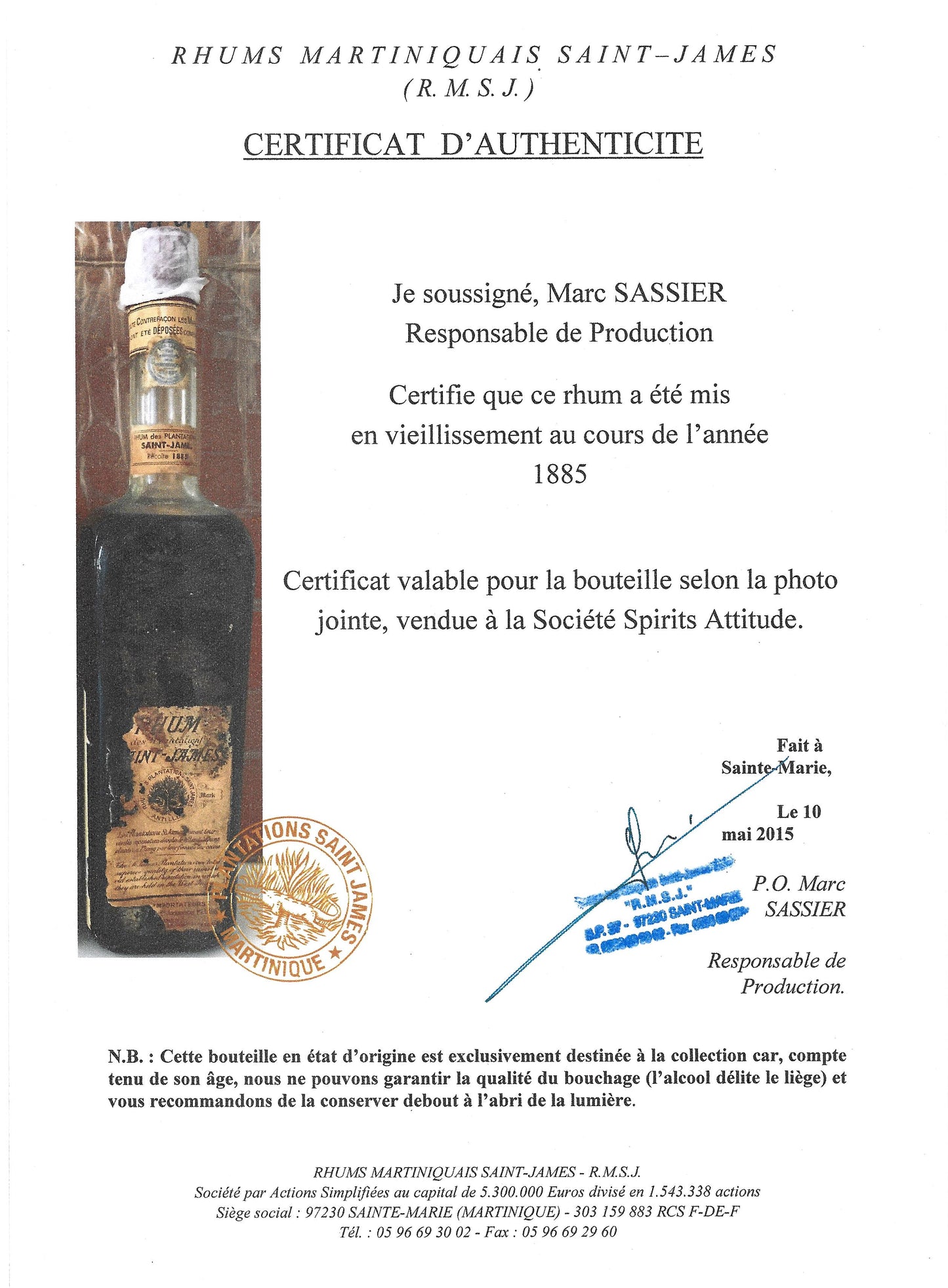 Saint James millésime 1885 – bouteille 1 47°, 1L