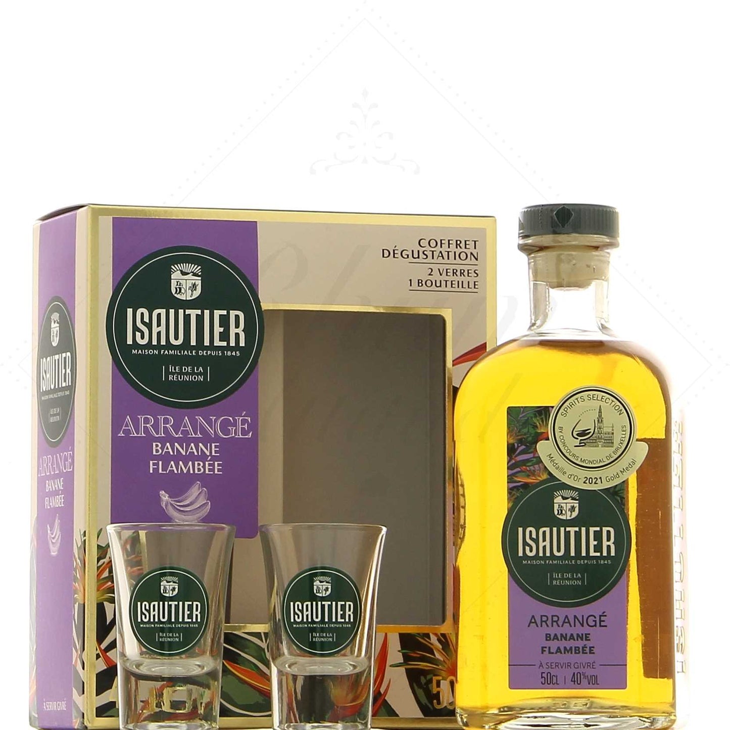 Isautier Arrangé Banane flambée 50 cl en coffret 2 verres 40°, 50cl